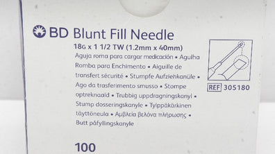 BD 305180 Blunt Fill Ndle Not For Skin Injecton 18G x 1 1/2 TW - Box of 100